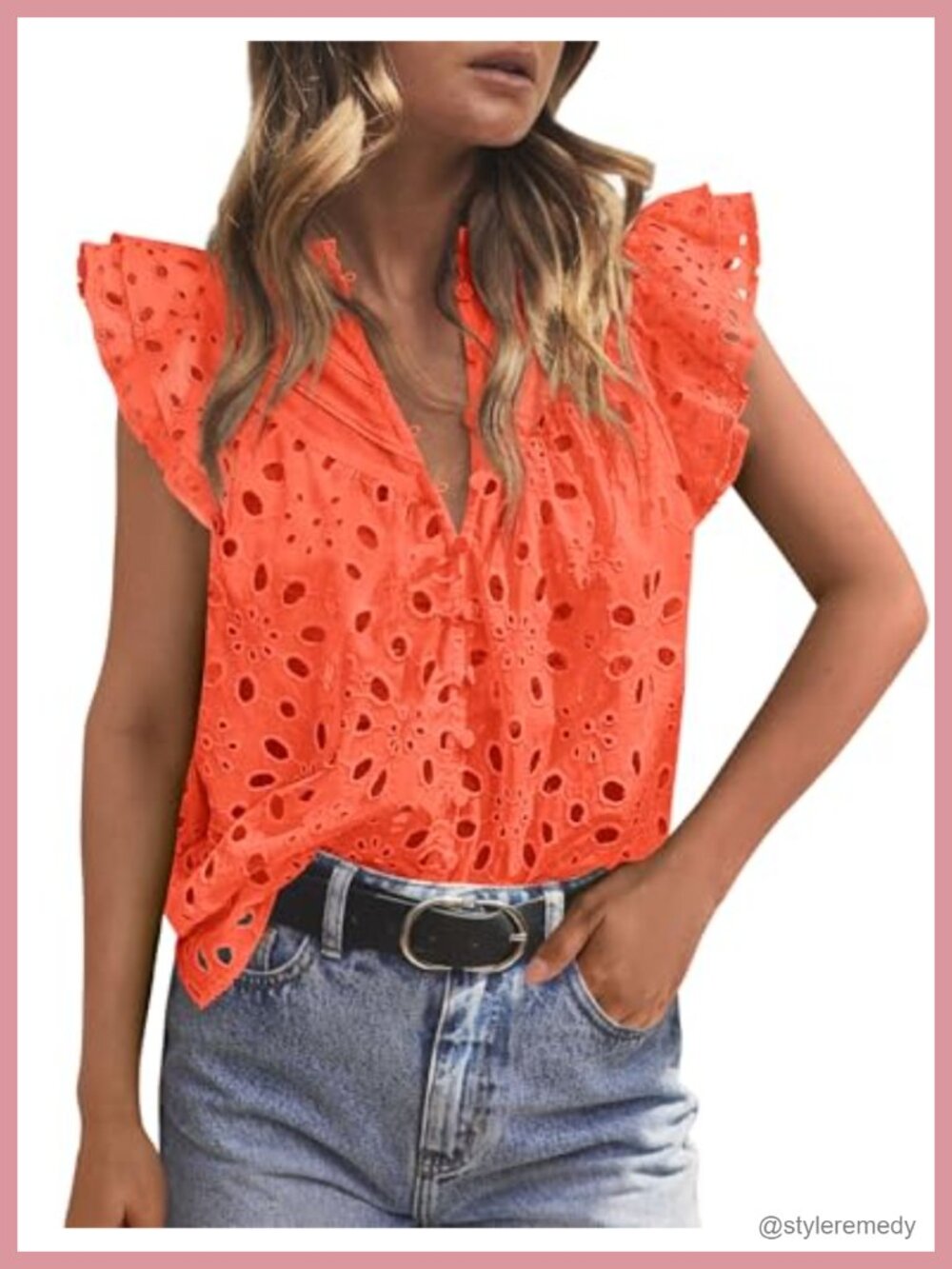 Eyelet V Neck Flutter Sleeve Summer Blouse